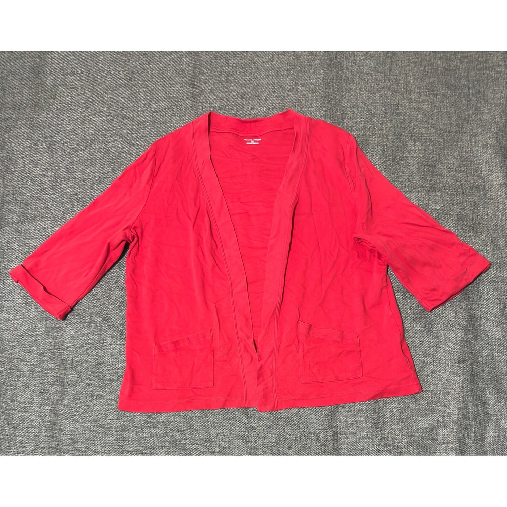 Studio Works Womens XL Cardigan Red Open Front Roll Tab Sleeve Cotton
